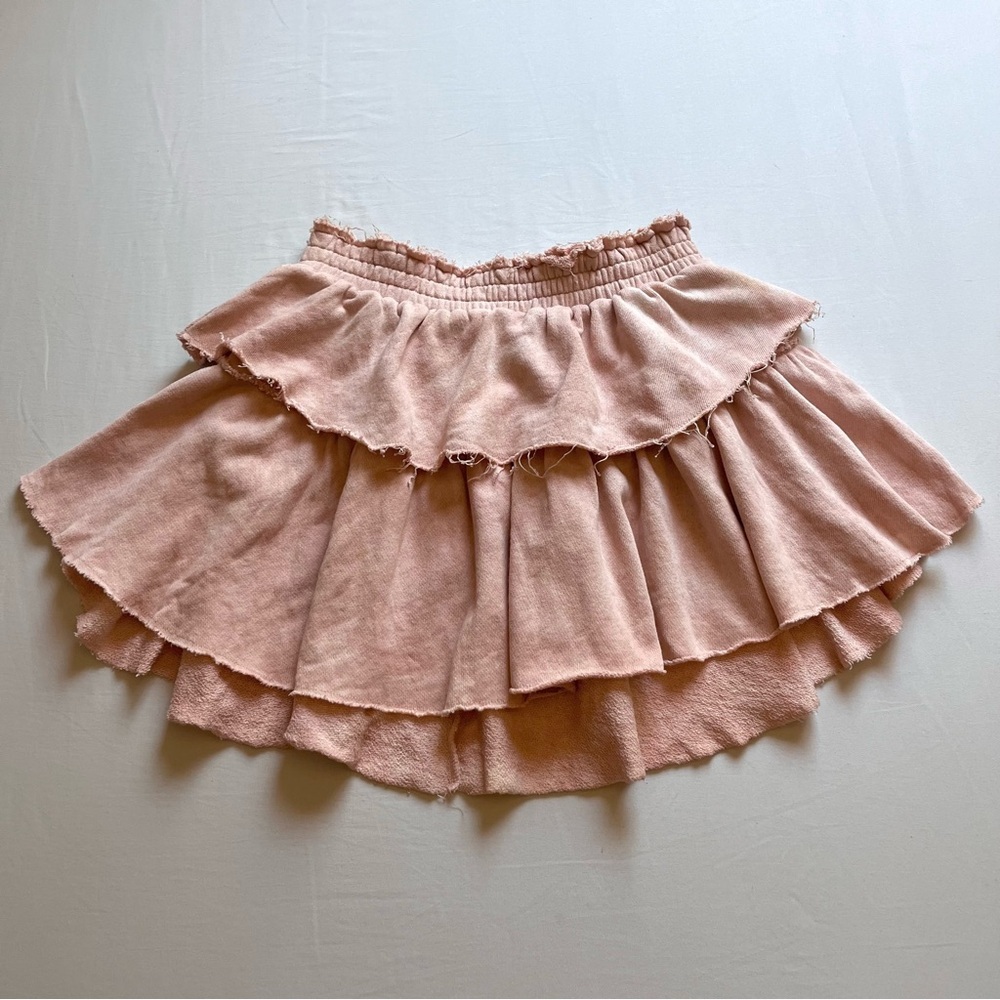 LOVESHACKFANCY peach pink garment dyed tiered ruffle elastic waist mini skirt‎
